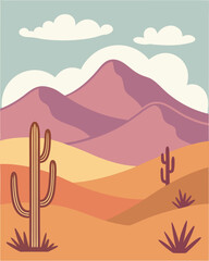 Stylized desert landscape with cacti and mountains under a cloudy sky