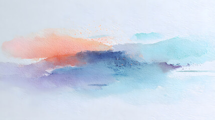 Fototapeta premium A sophisticated abstract watercolor landscape created with flowing pastel tones on a white background. The composition features soft smears of coral, mint, and light lavender that blend harmoniously.
