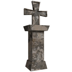 Weathered stone cross monument, exhibiting age and decay through texture and color variations.  A...