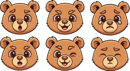 vector illustration of little baby teddy bear head funny cute simple cartoon mascot character cartoon with 6 poses expressions