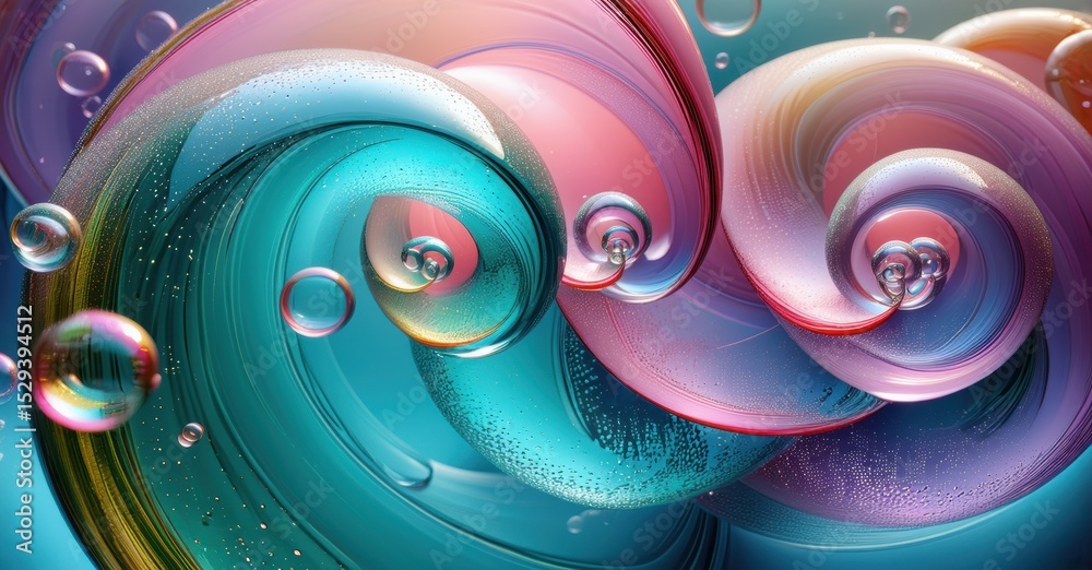 Poster Abstract swirls, vibrant colors, fluid shapes create mesmerizing visual experience. Bubbles add depth, texture, dynamic composition.
