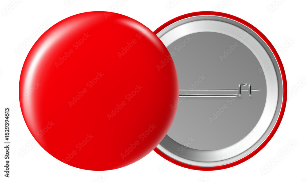 Wall mural blank red button badge displaying front and back views with a pin, isolated against a white backgrou