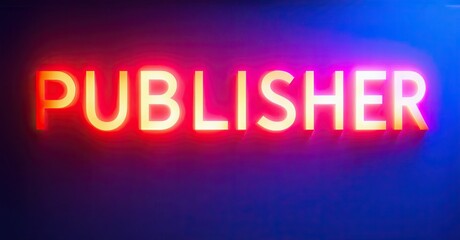Obraz premium Bright neon sign displays PUBLISHER text. Vivid blue, purple hues create dramatic lighting. Simple, bold presentation.