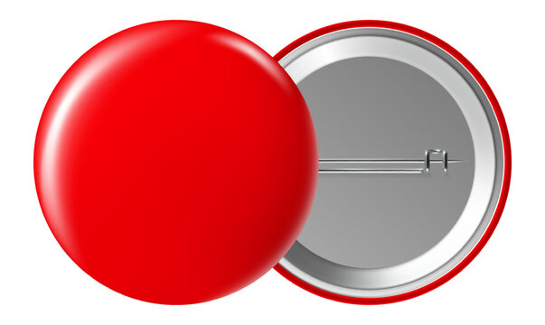 Blank red button badge displaying front and back views with a pin, isolated against a white background. Ideal for customizing with unique designs or personalized text