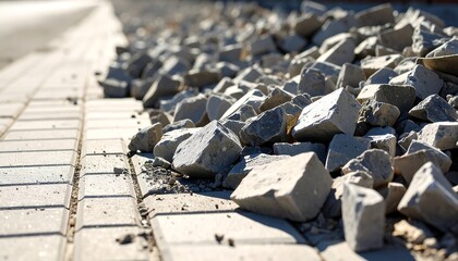 Broken paving stones with roadside repair.