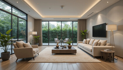 Fototapeta premium Modern spacious living room with wooden accents, black sofas, cozy lighting, and decorative plants in an elegant interior design