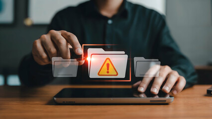 A businessman uses a digital tablet to manage files experiencing a critical error warning a system failure requiring urgent attention indicating data loss or corruption needs immediate action.
