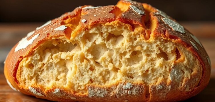 Golden-brown cob bread, rustic texture, cracked top, crumbly interior,  flour,  butter
