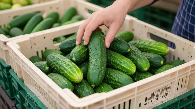 Hand picking fresh cucumbers from plastic crate at market	