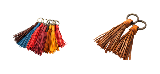 Colorful leather tassels isolated set on transparent background