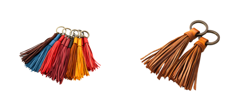 Colorful leather tassels isolated set on transparent background