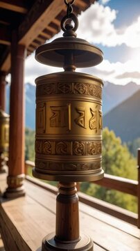 Golden Tibetan prayer wheel hanging with carved symbols on a balcony with mountain view for meditation
