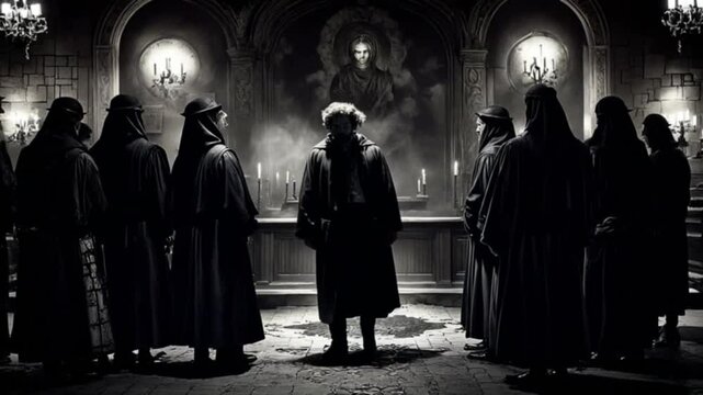 A man in a dark coat stands before a group of cloaked figures in a dimly lit chapel, a painting of a religious figure hanging above them.