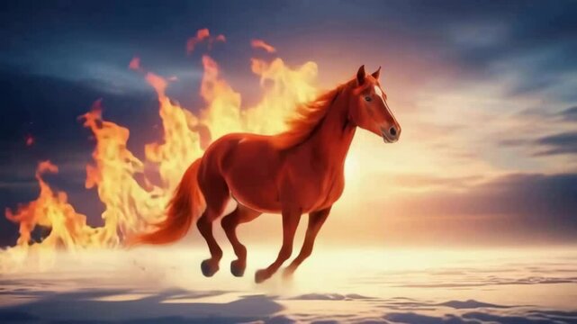 Red horse running with fire background. Chinese New Year 2026 concept and burning fiery animal with dynamic movement 