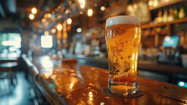 A chilled glass of beer sitting on a polished bar counter, capturing the ambiance of a cozy brewery or pub and inviting social interaction and relaxation.