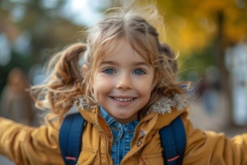 A cheerful child with pigtails smiles brightly against a backdrop of autumn colors, reflecting innocence, happiness, and the joyous spirit of childhood in a candid moment.