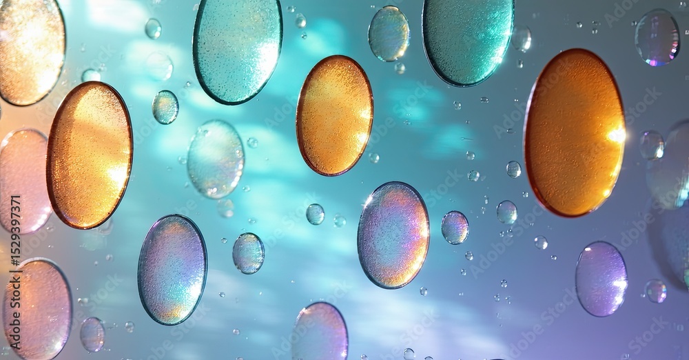 Poster Bubbles display iridescent colors, creating abstract patterns. Light refracts through liquid spheres, forming vibrant visual texture.