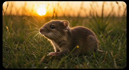 A small brown mouse sits in the grass with a bright sunset in the background casting golden light