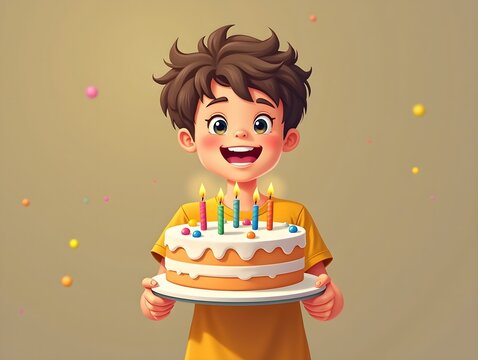 Happy Boy Holding Birthday Cake with Candles Fun Celebration Design for Kids