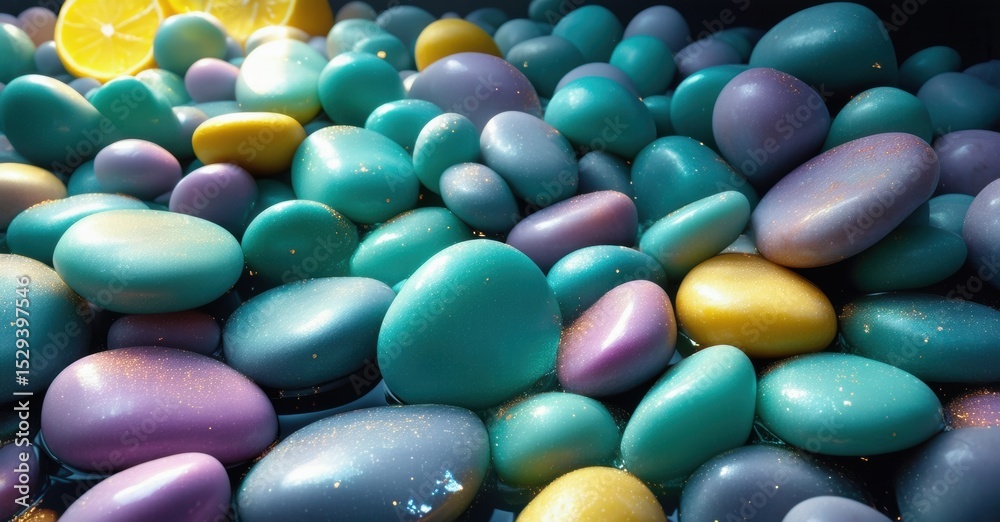 Poster colorful wet pebbles, lemon slice visible. bright reflections, smooth textures, vibrant hues create 