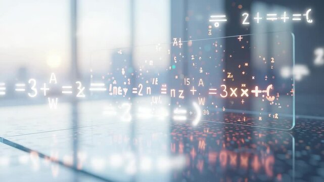 Glowing math equations on transparent digital screen	