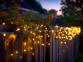 Illuminated string lights draped over a wooden fence at dusk creating a warm and festive atmosphere