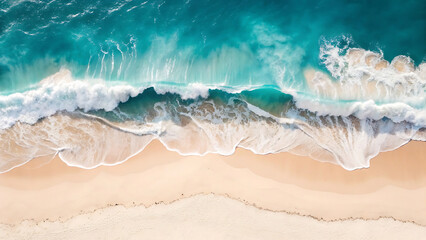 Aerial view of a stunning turquoise ocean waves crashing onto a sandy beach paradise