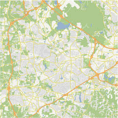 Map of Cary in North Carolina in a normal road map style. Contains layered vector with roads water, parks, etc.