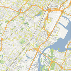 Map of Elizabeth in New Jersey in a normal road map style. Contains layered vector with roads water, parks, etc.