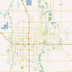 Map of Fargo in North Dakota in a normal road map style. Contains layered vector with roads water, parks, etc.