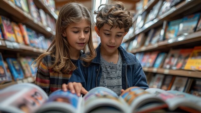 This image captures two children engrossed in reading books amidst rows of library shelves, symbolizing curiosity, learning, and the joy of discovering new stories.