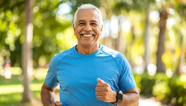 Happy senior jogging park outdoors. - Powered by Adobe