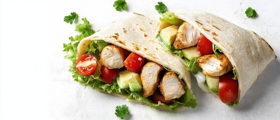Chicken rolls with avocado tomatoes and iceberg lettuce with tortilla and burrito