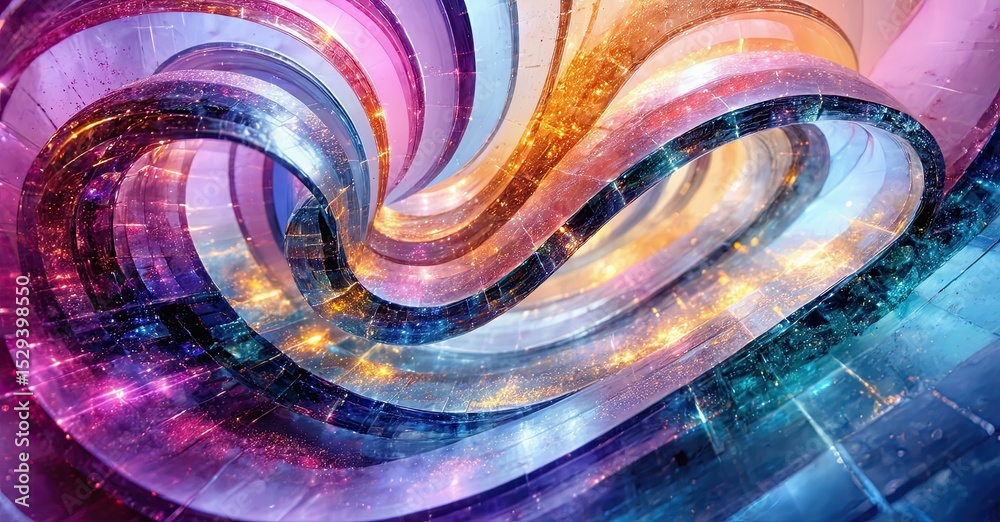 Poster abstract flowing ribbons, vibrant colors, dynamic energy. light sparkles create mesmerizing visual e