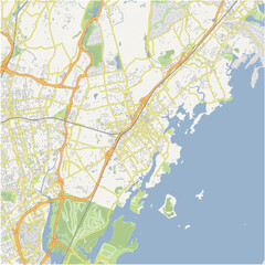 Map of New Rochelle in New York in a normal road map style. Contains layered vector with roads water, parks, etc.