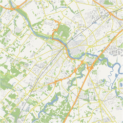 Map of New Brunswick in New Jersey in a normal road map style. Contains layered vector with roads water, parks, etc.