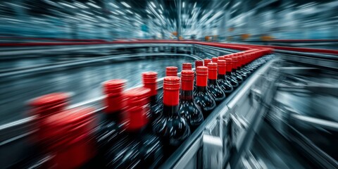 Wine bottles with red caps moving quickly on curved conveyor in modern bottling plant with motion blur