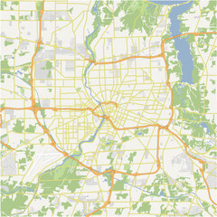 Map of Rochester in New York in a normal road map style. Contains layered vector with roads water, parks, etc.