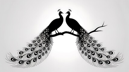Two peacocks perched on a branch, showcasing their elegant tails in a black silhouette against a light background.