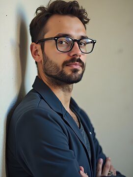 A man with glasses and a beard is leaning against a wall
