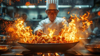 An energetic chef in a bustling kitchen dramatically cooks amidst flames, encapsulating the artistry of culinary skills, passion for food, and the excitement of a professional kitchen.