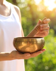 Woman meditating with singing bowl.