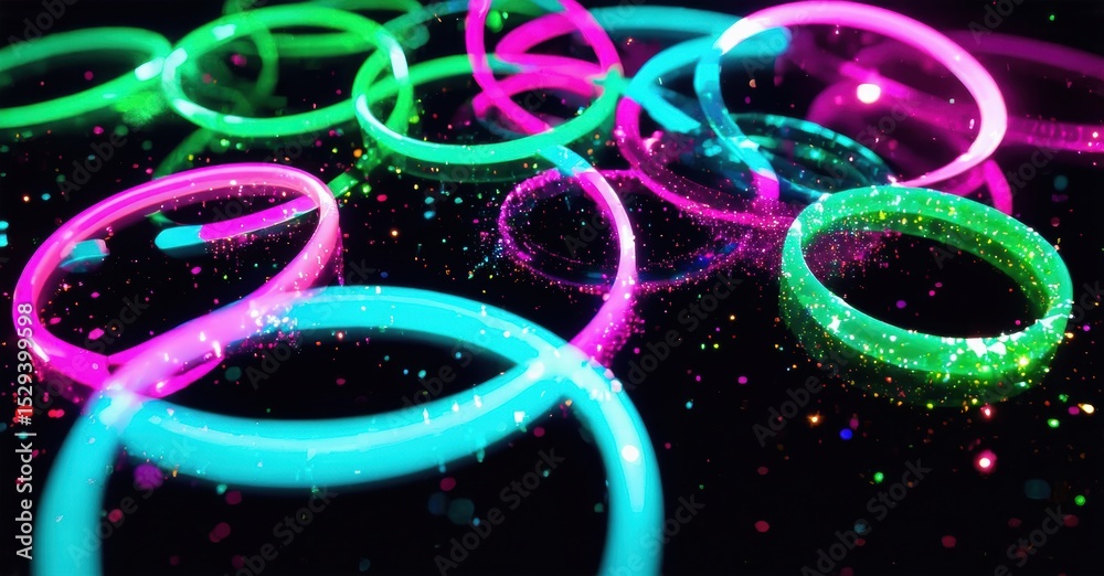 Poster bright neon rings float, sparkle against dark background. vivid colors create dynamic, futuristic vi