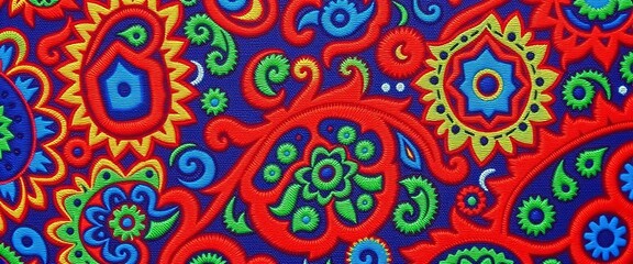 Fototapeta premium Intricate paisley print in vibrant blues, greens, and reds, close-up texture, blue, craft