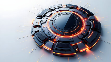 High tech core device shaped like sci fi shield with glowing orange lights and intricate black panels, emitting futuristic vibe