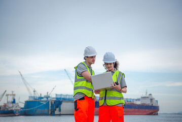 Engineers control worker at international ports in operation Worldwide Sea Ports and Shipping Ports