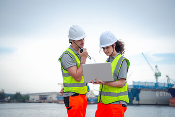 Engineers control worker at international ports in operation Worldwide Sea Ports and Shipping Ports