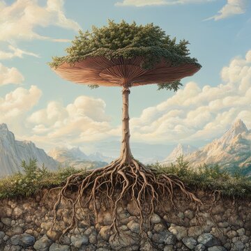 A colossal, umbrella-like tree, rooted deep in the earth, stands against a backdrop of mountainous terrain.  Its roots spread wide, anchoring it to the rocky soil.