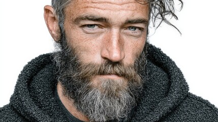 Portrait of a Handsome Man with a Well-Groomed Beard Isolated on White Background – Stylish Male Model with Facial Hair, Copy Space