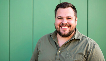 Obraz premium Happy plus size man against green wall. Portrait of young male.